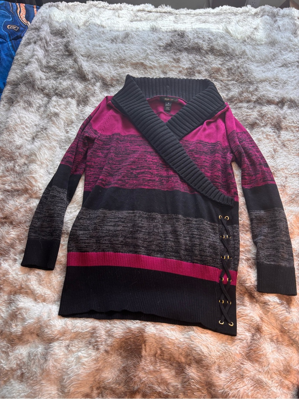 Style & Co. Pink and Black Striped Shawl-Collar Sweater